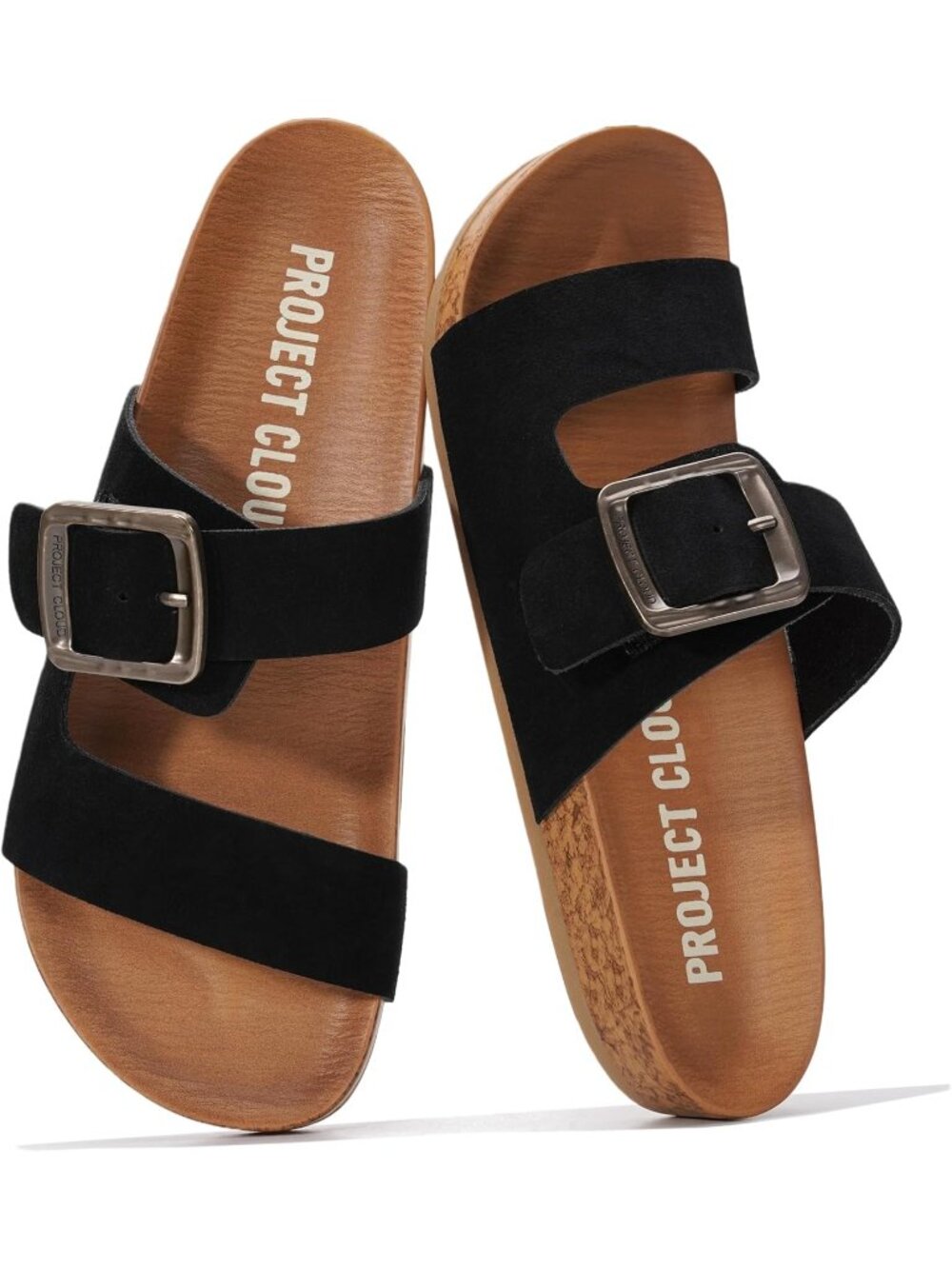 Women's Black Balanced Genuine Suede Adjustable Buckle Slides Plush Sandal Shoes